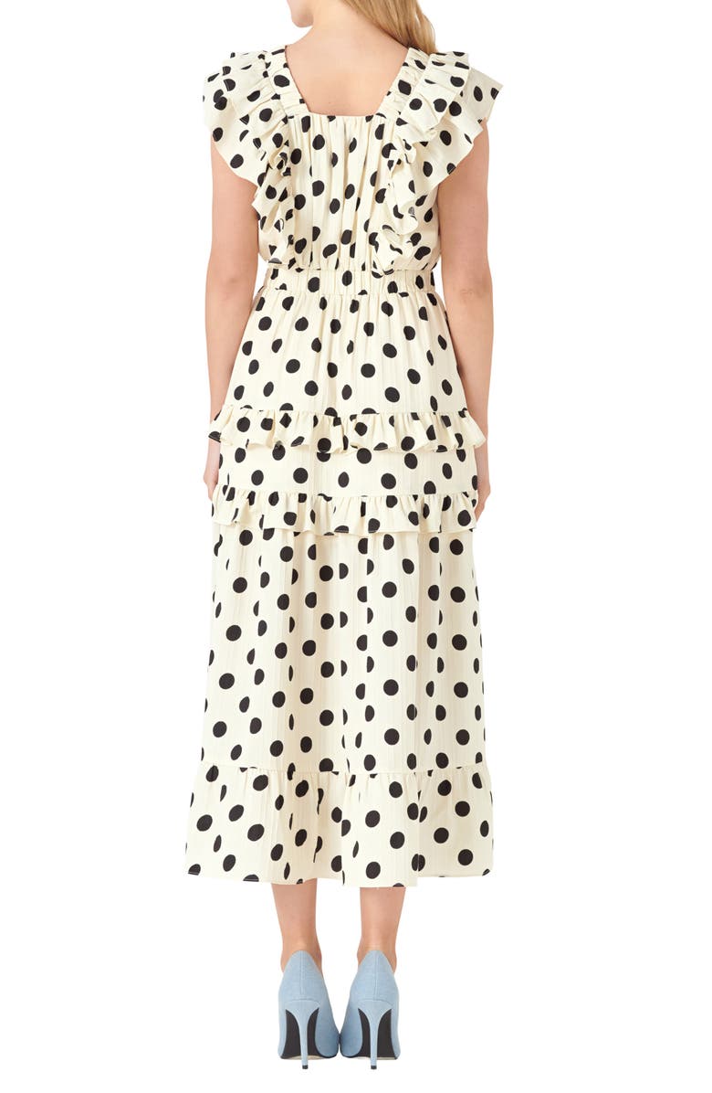 English Factory Polka Dot Ruffle Trim Midi Dress, Alternate, color,