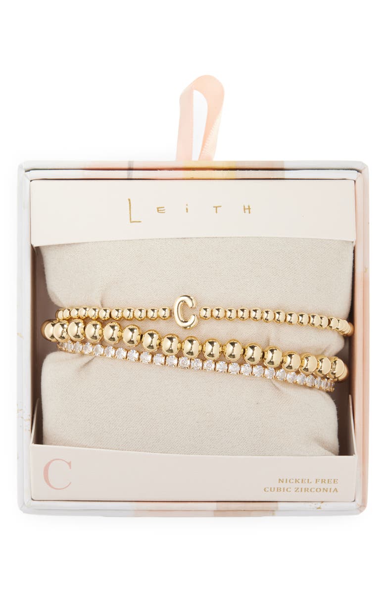 Leith 3-Pack Initial Bead Bracelet, Main, color, C- Clear- Gold