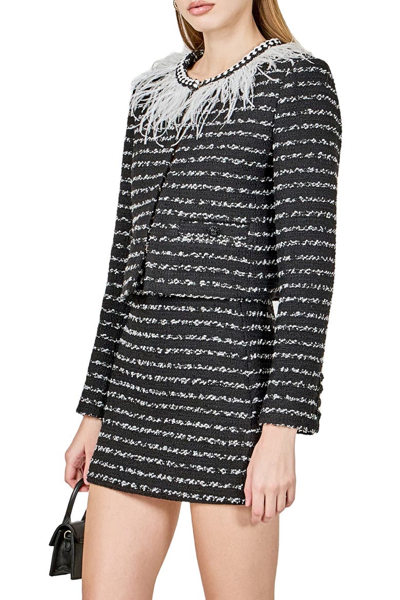 Feather Trim Tweed Jacket, Alternate, color, BLACK