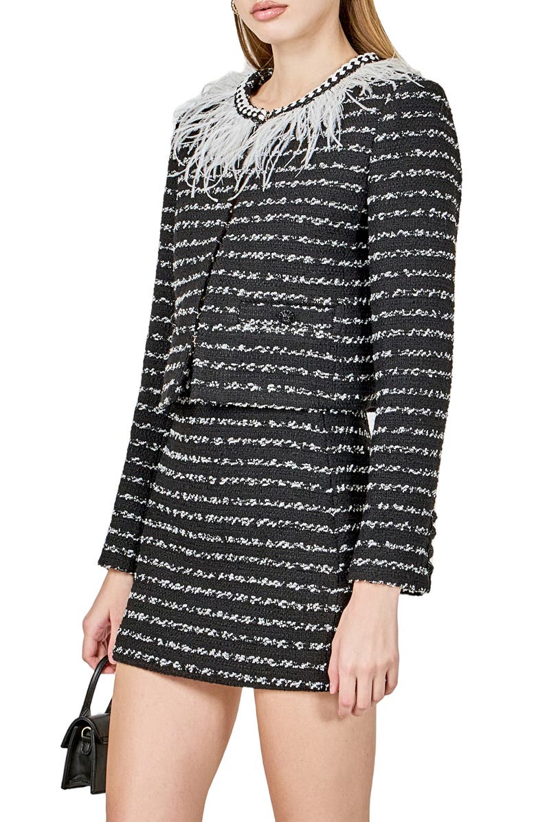 Endless Rose Feather Trim Tweed Jacket, Alternate, color, Black