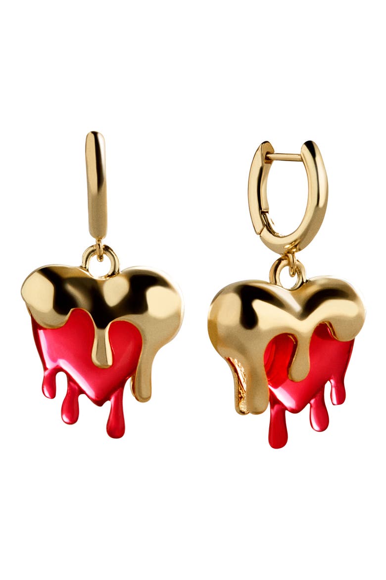 Fatal Attraction Heart Huggie Hoop Earrings, Main, color, RED