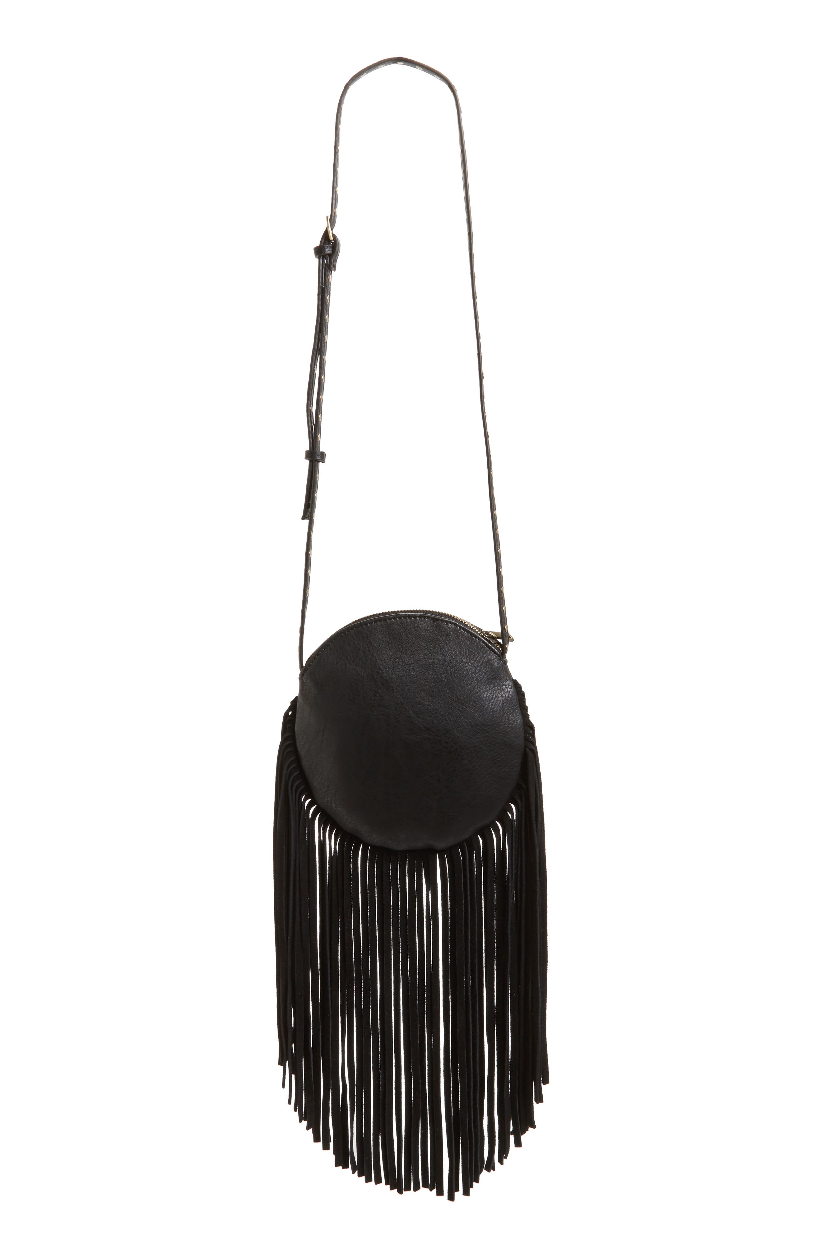 Fringe Faux Leather Round Crossbody Bag, Alternate, color, BLACK