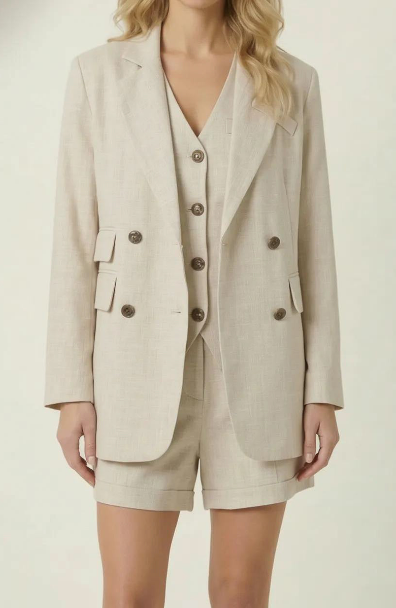 Modenaire Linen Three-Piece Blazer Vest & Tailored Shorts Set, Alternate, color, Light Beige