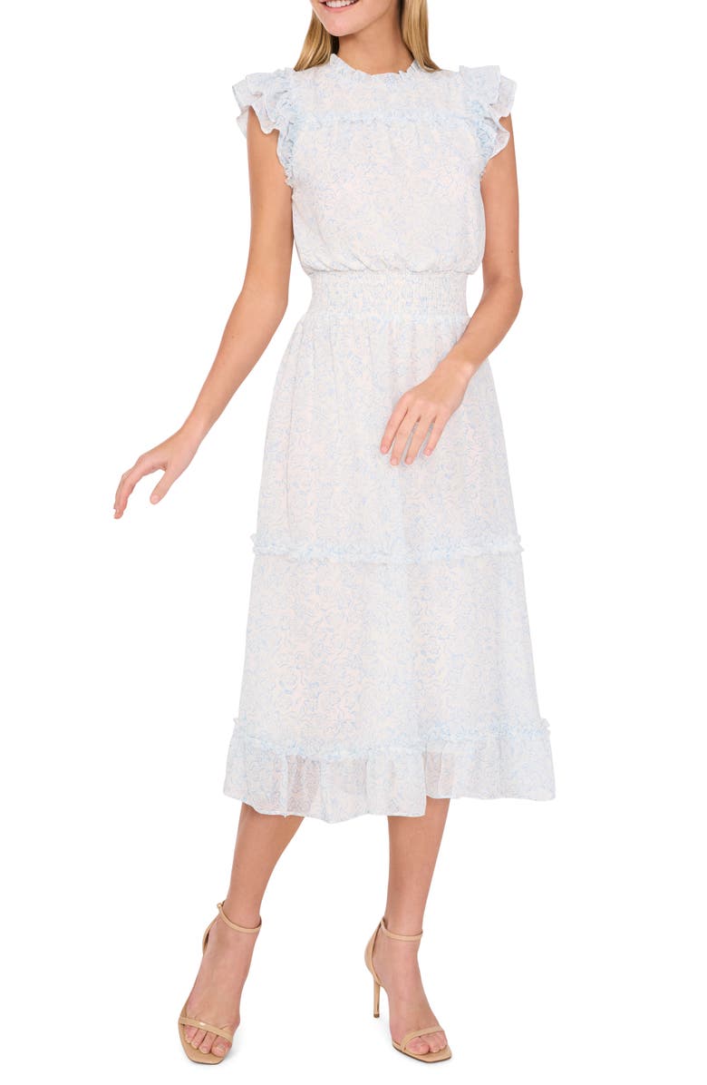 CeCe Floral Flutter Sleeve Midi Dress, Main, color, New Ivory