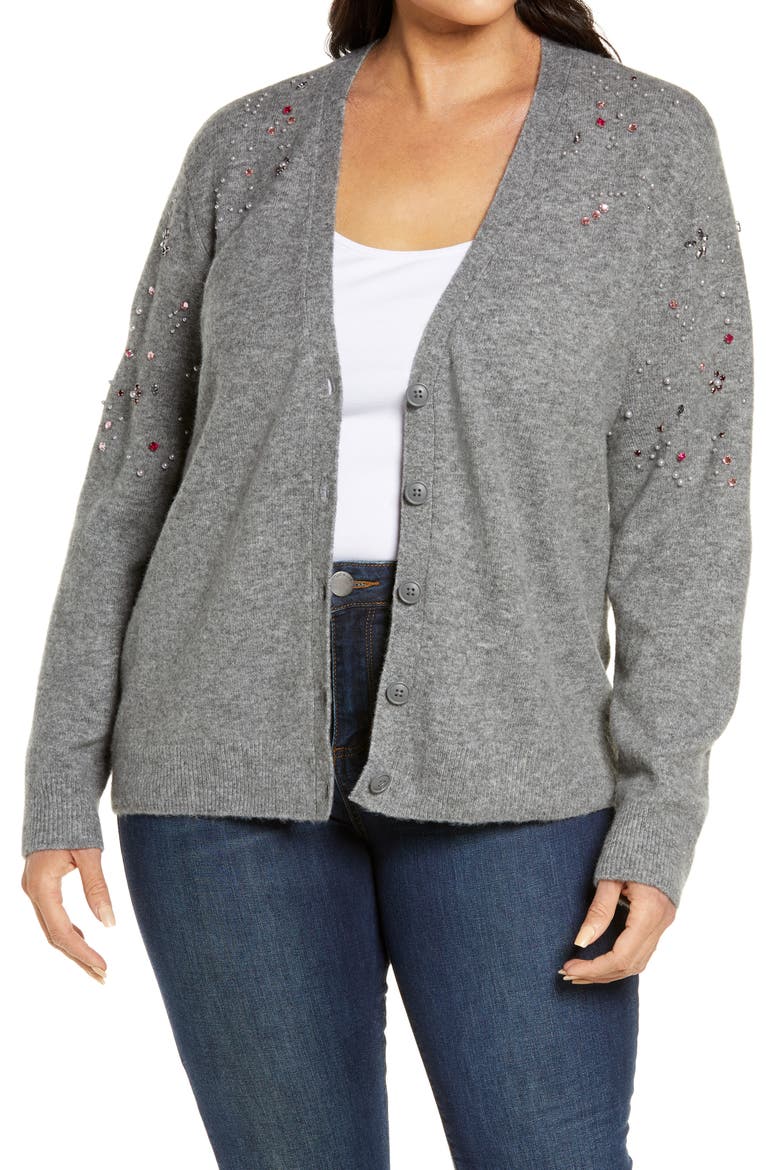Embellished Cardigan Sweater, Main, color, GREY DARK HEATHER