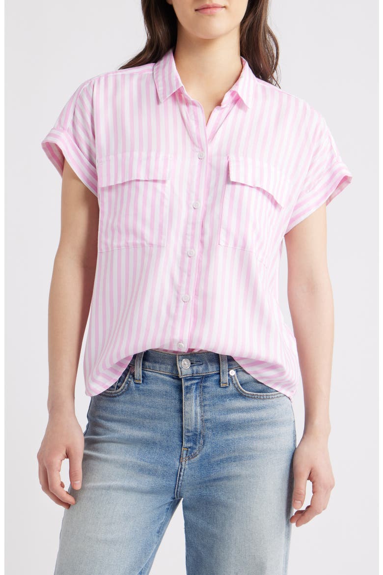 Kaiana Stripe Short Sleeve Button-Up Shirt, Main, color, OCEAN PINK