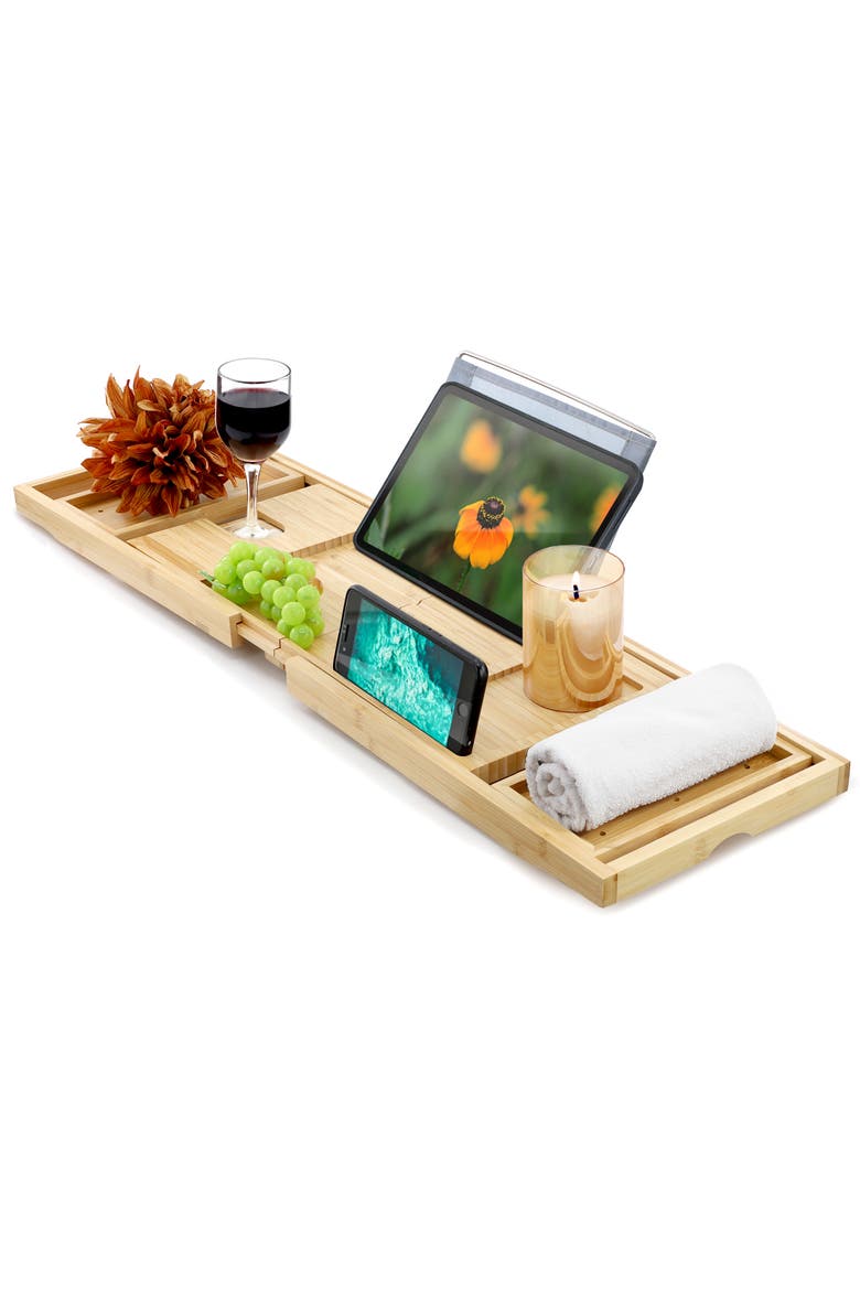 Expandable Wood Bath Tray, Main, color, Bamboo