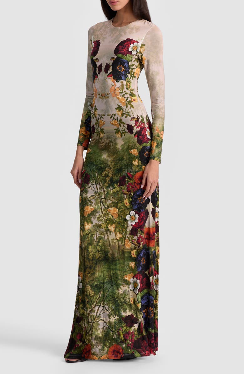 Alice + Olivia Delora Floral Long Sleeve Maxi Dress, Alternate, color, Forbidden Forest