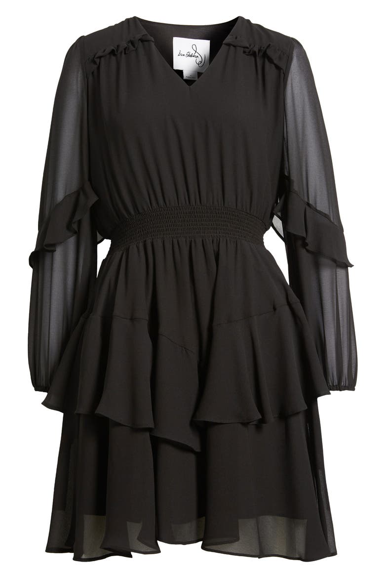 Tiered Long Sleeve Georgette Minidress, Alternate, color, BLACK
