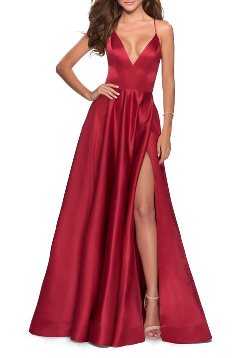 V-Neck Satin Prom Dress with Lace Up Back