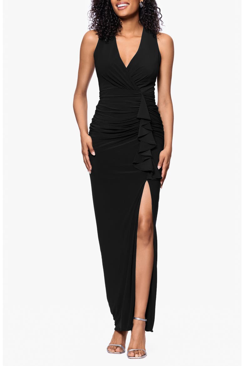 Ruched Ruffle Column Gown, Main, color, BLACK