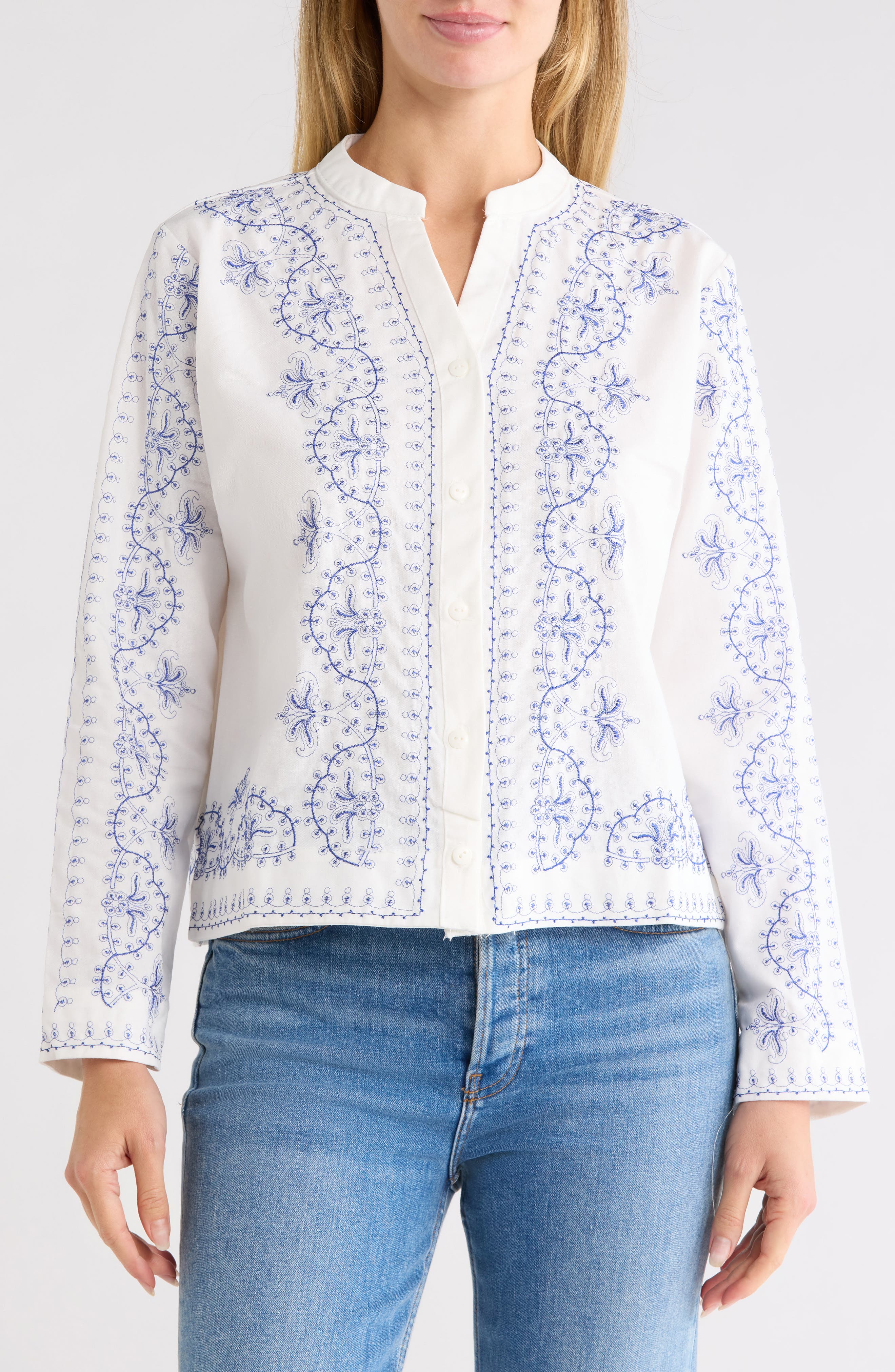 Embroidered Button Up Cotton & Linen Top