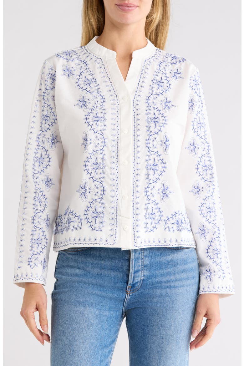 Embroidered Button Up Cotton & Linen Top, Main, color, WHITE