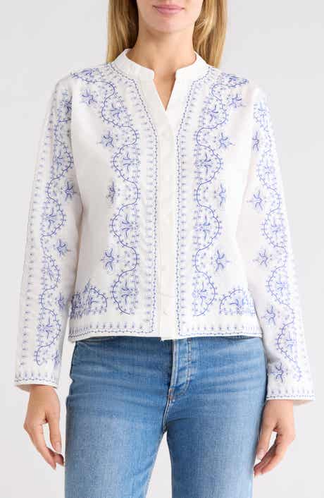 Embroidered Button Up Cotton & Linen Top