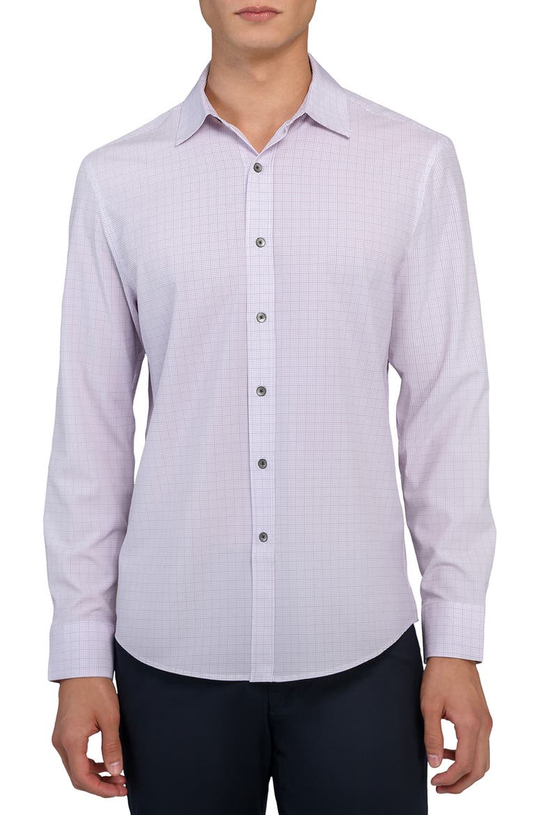Slim Fit Light Purple Grid Check Performance Button-Up Shirt, Main, color, PURPLE