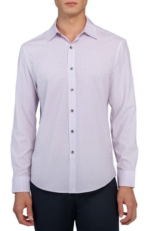 Slim Fit Light Purple Grid Check Performance Button-Up Shirt