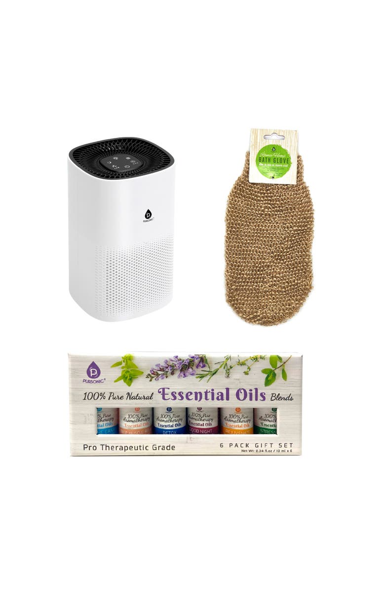 PURSONIC True HEPA Air Purifier, Essential Oil Wellness Blends, and Sisal Hemp Bath Gloves, Main, color, White