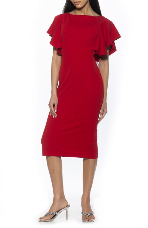 Sherri Boatneck Ruffle Sleeve Midi Dress