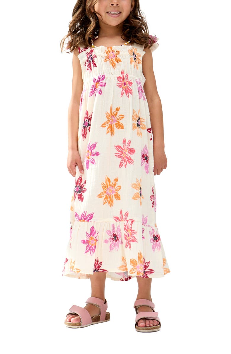Raffya Kids Flora Gathered Hand Drawn Floral Print Dress, Main, color, Ecru
