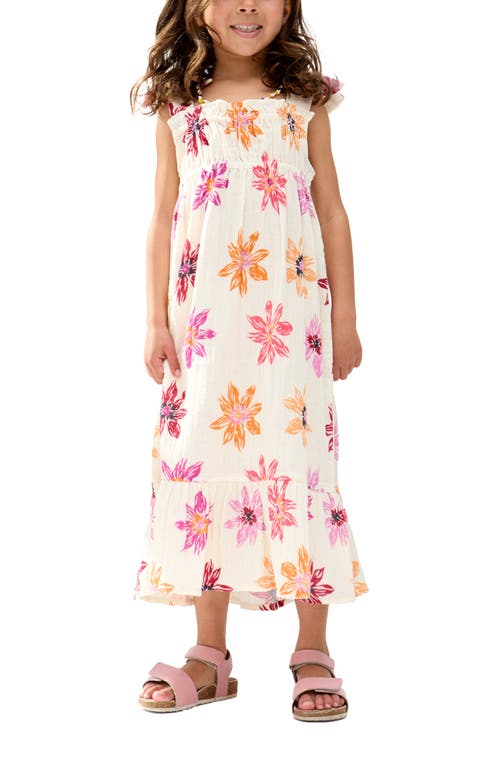 Raffya Kids Flora Gathered Hand Drawn Floral Print Dress In Sand