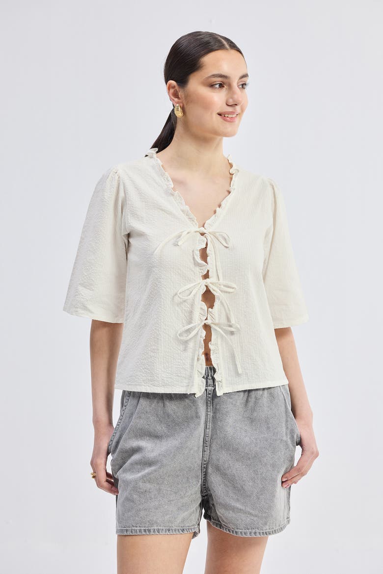 Relaxed Fit Top With Ruffles and Front-Ties, Alternate, color, Striped Horizon