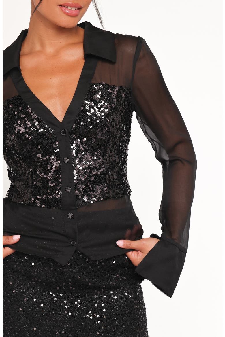 Eliana Sequin Mesh Long Sleeve Button-Up Shirt, Alternate, color, BLACK