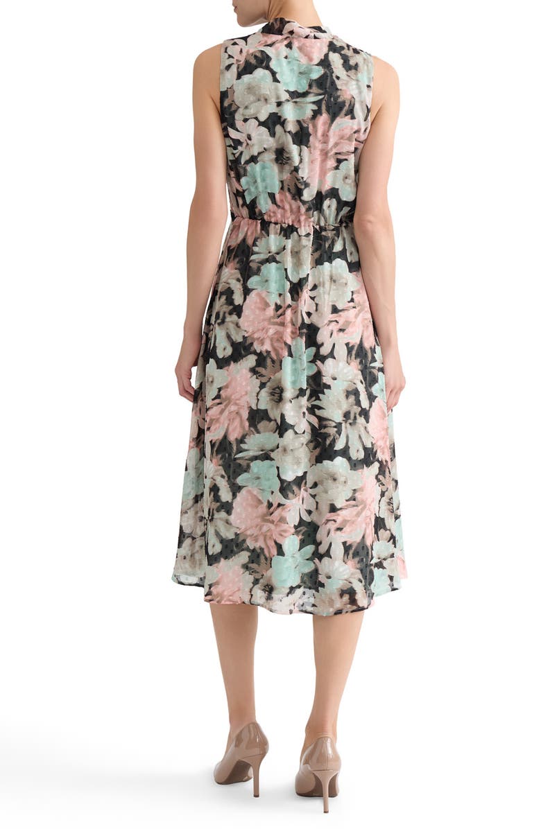 KASPER Floral Print Clip Dot Tie Neck Sleeveless Midi Dress, Alternate, color, Black Multi