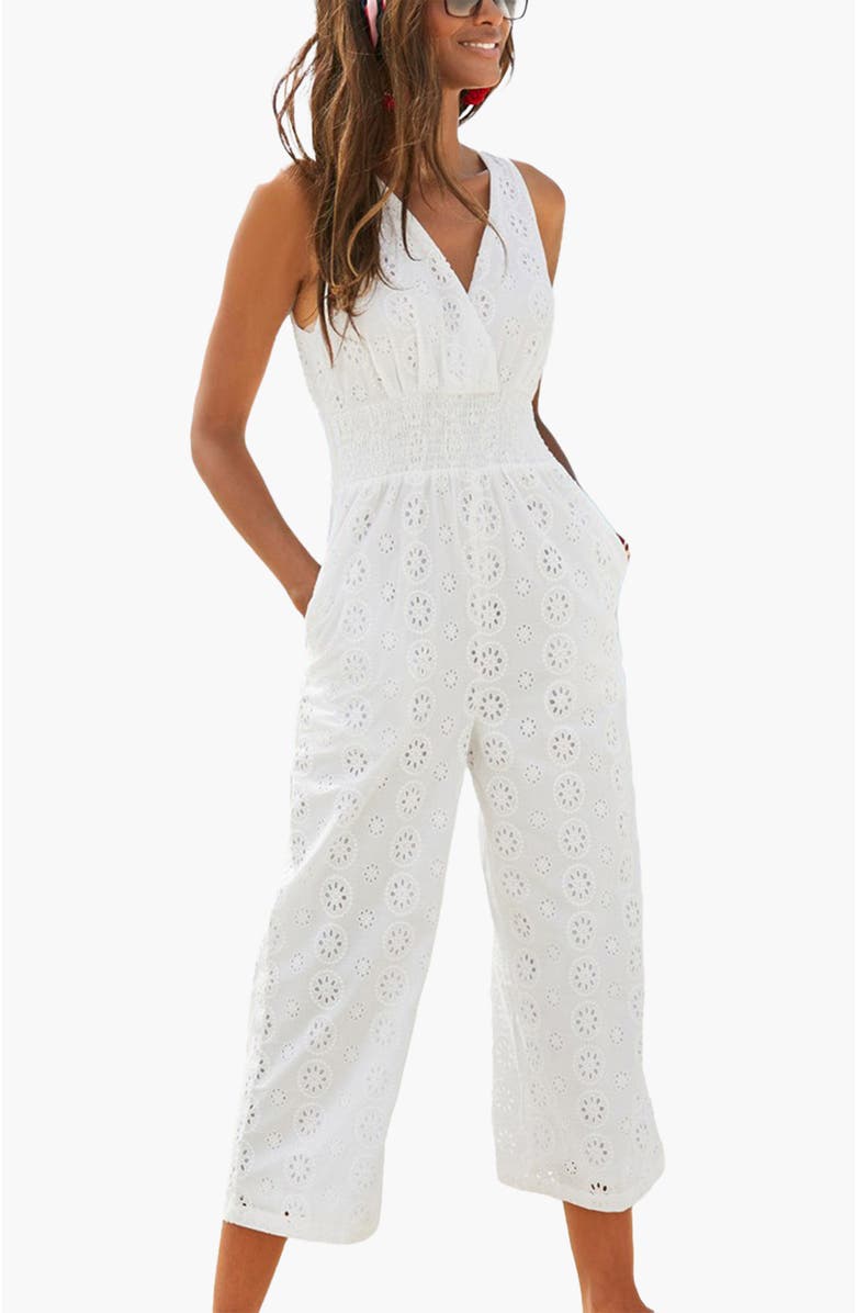 LASCANA Women's Sleeveless Eyelet Jumpsuit, Main, color, White