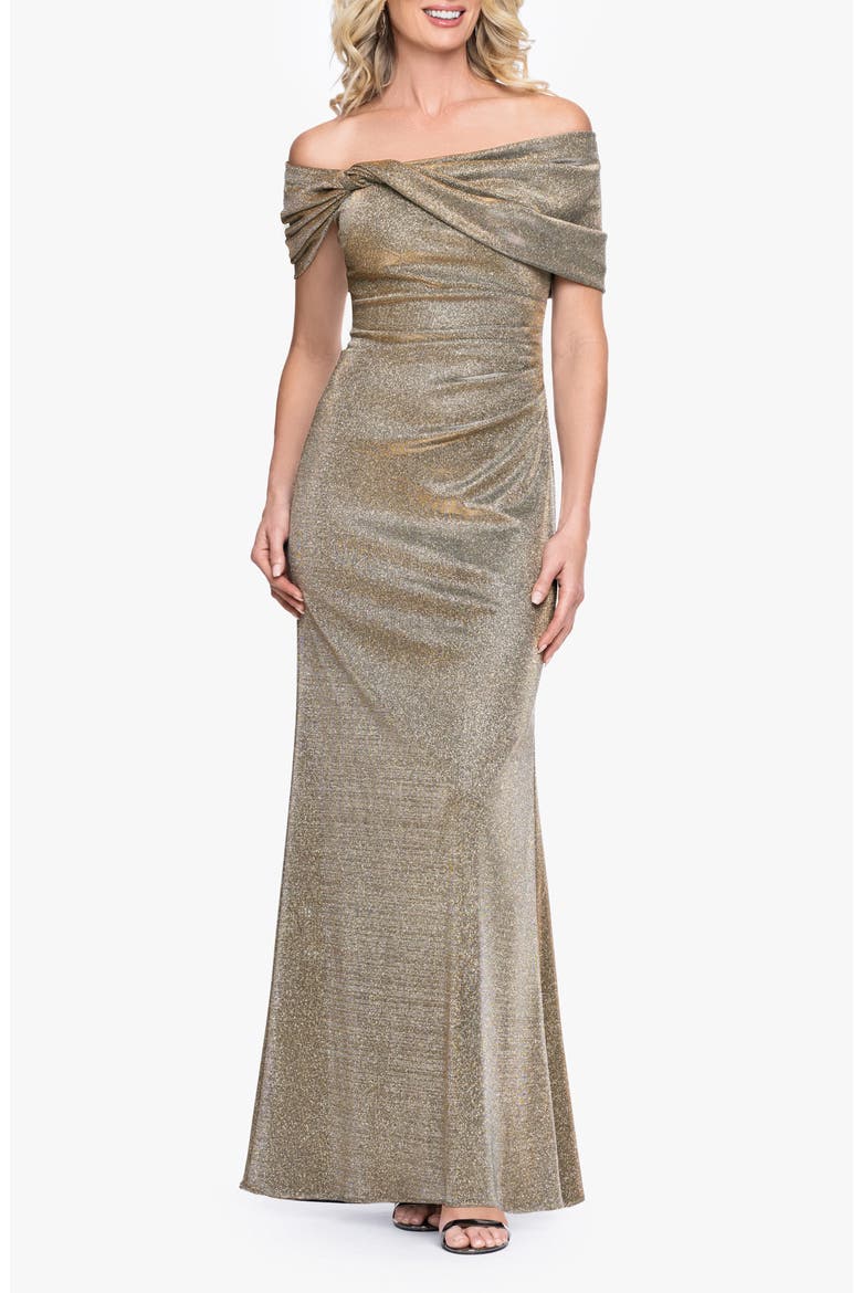 Galaxy Metallic Twist Detail Off the Shoulder Gown, Main, color, SAND