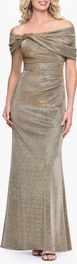 Betsy & Adam Galaxy Metallic Twist Detail Off the Shoulder Gown