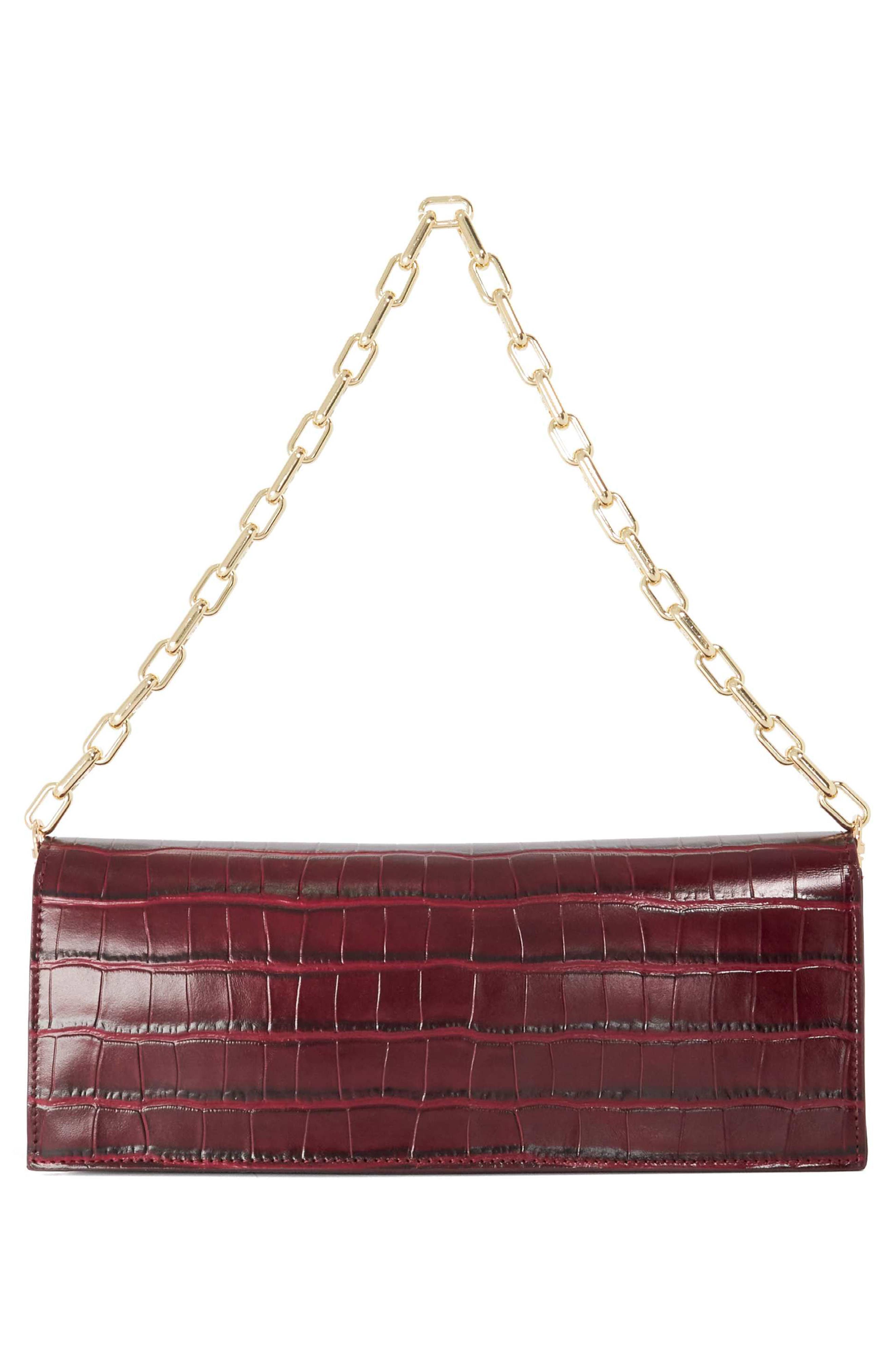 Bemuse Croc Embossed Faux Leather Shoulder Bag, Alternate, color, BURGUNDY