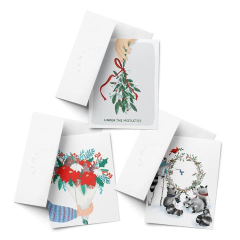 Mistletoe, Racoons, Winter Bouquet Winter/Holiday/Christmas Greeting Card Pack Sets (3 ct, Assorted)