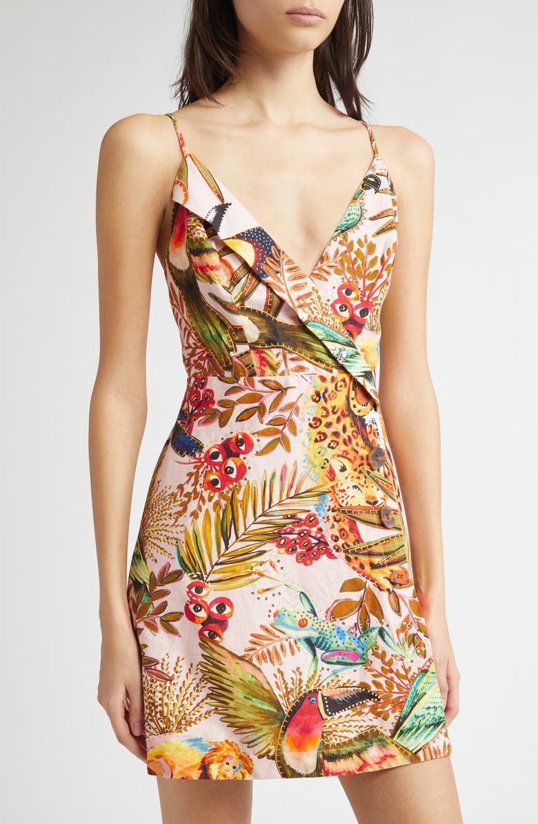 FARM Rio Into the Jungle Print Linen Blend Wrap Minidress, Alternate, color, 