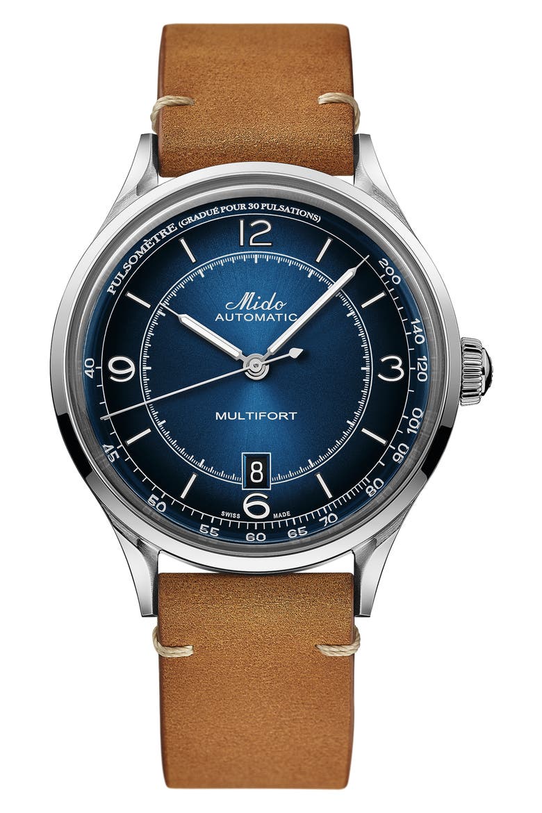 Multifort Pulsemeter Automatic Leather Strap Watch, 40mm, Main, color, BROWN/ BLUE/ SILVER