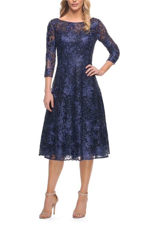 La Femme Beautiful Lace Tea Length Gown With Three-quarter Sleeves In Navy
