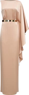 HALSTON Rhiannon Belted Satin Column Gown