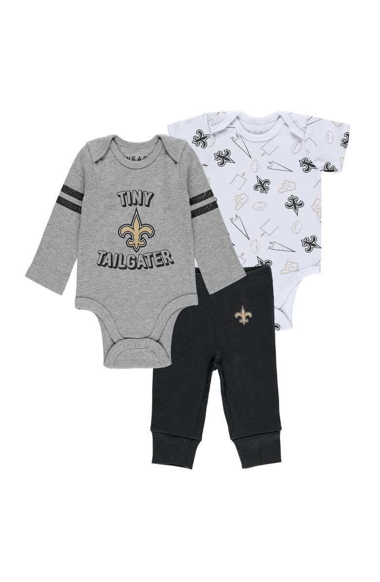 WEAR by Erin Andrews Newborn & Infant WEAR by Erin Andrews Gray/Black/White New Orleans Saints Three-Piece Turn Me Around Bodysuits & Pant Set, Main, color,