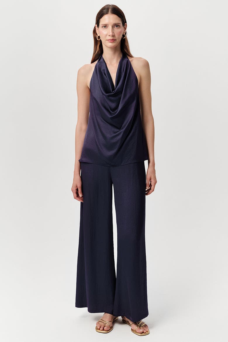 Tasha Cowl Neck Halter Tie Satin Blouse, Alternate, color, Navy