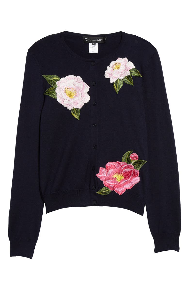 Oscar de la Renta Camellia Embroidered Virgin Wool Cardigan, Alternate, color, 