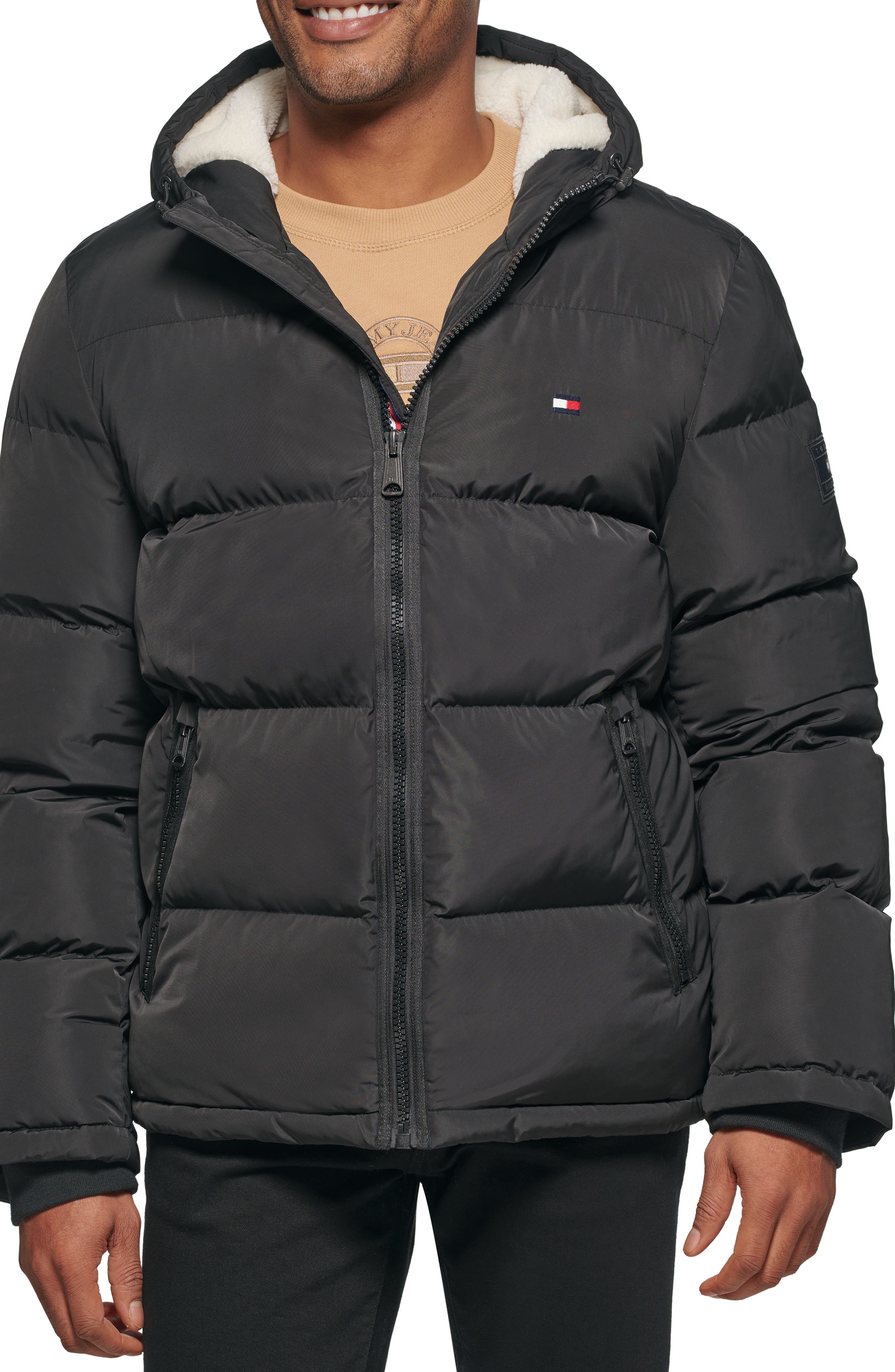 Hooded Puffer Jacket with Faux Shearling Lining