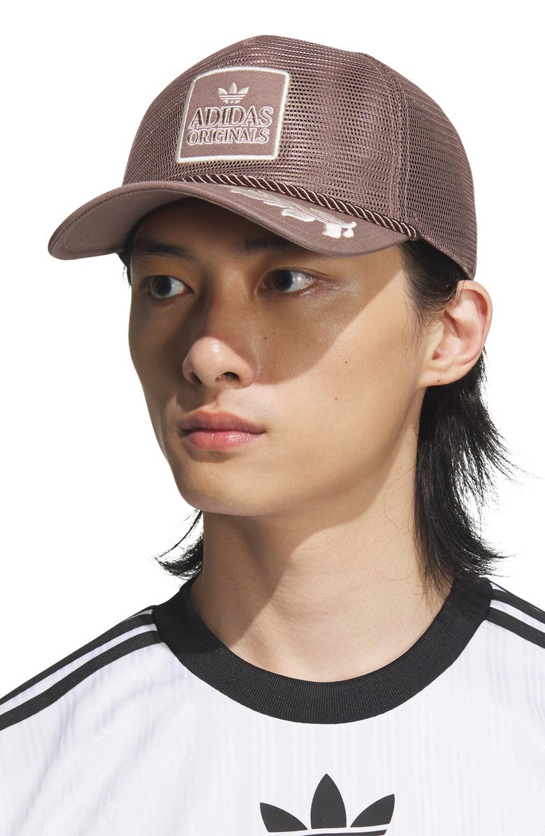 adidas Gender Inclusive Major Mesh Trucker Cap, Alternate, color, Trace Brown/ Wonder White