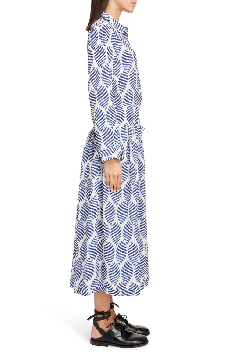 Block Print Long Sleeve Silk Crepe de Chine Shirtdress, Alternate, color, BLUE