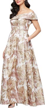 Alex Evenings Metallic Floral Jacquard Off the Shoulder Gown