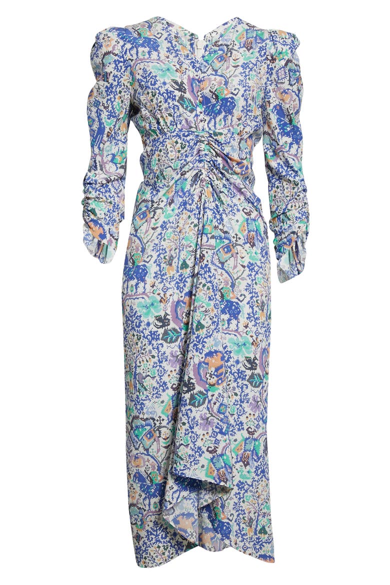 Albi Dot Print Ruched Stretch Silk Dress, Alternate, color, BLUE