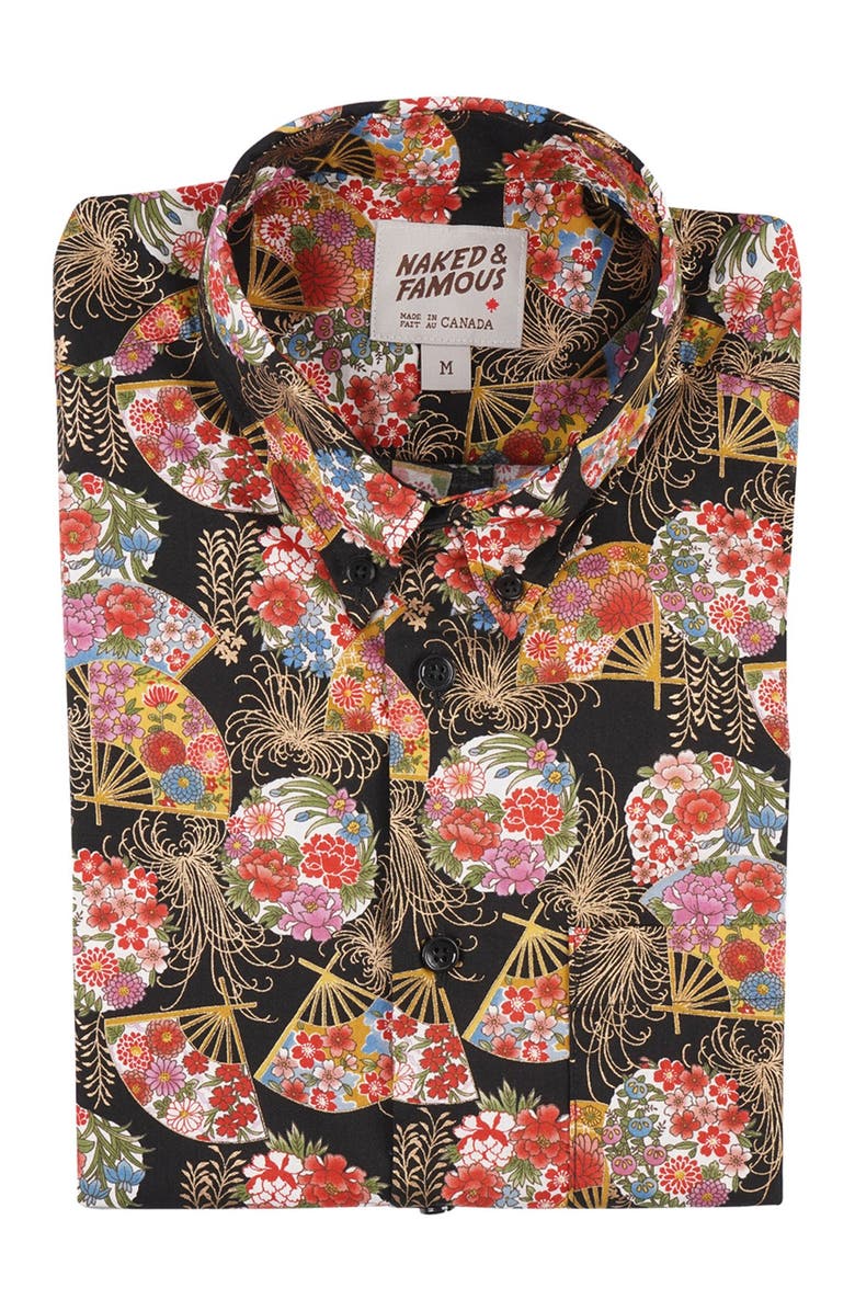 Naked & Famous Denim Golden Floral Fans Short Sleeve Shirt, Main, color, 