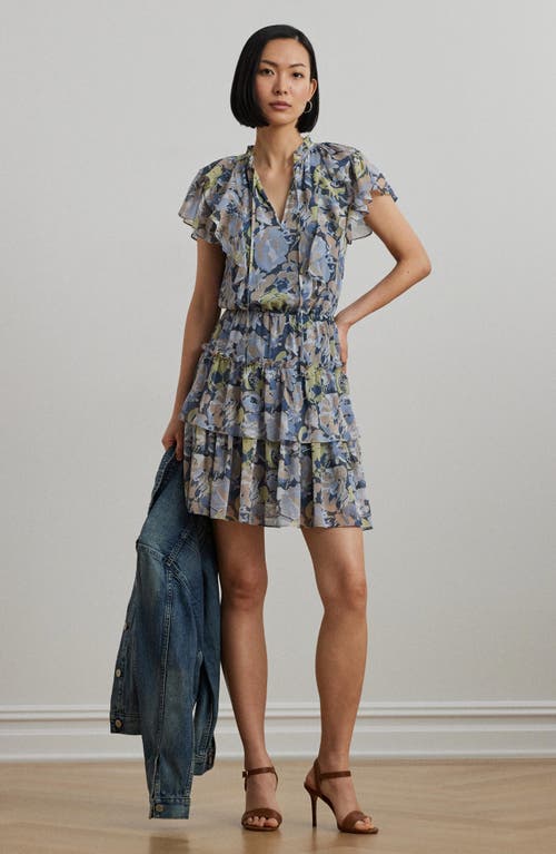 Ralph Lauren Plus Size Floral Ruffle-trim Georgette Dress In Blue Multi