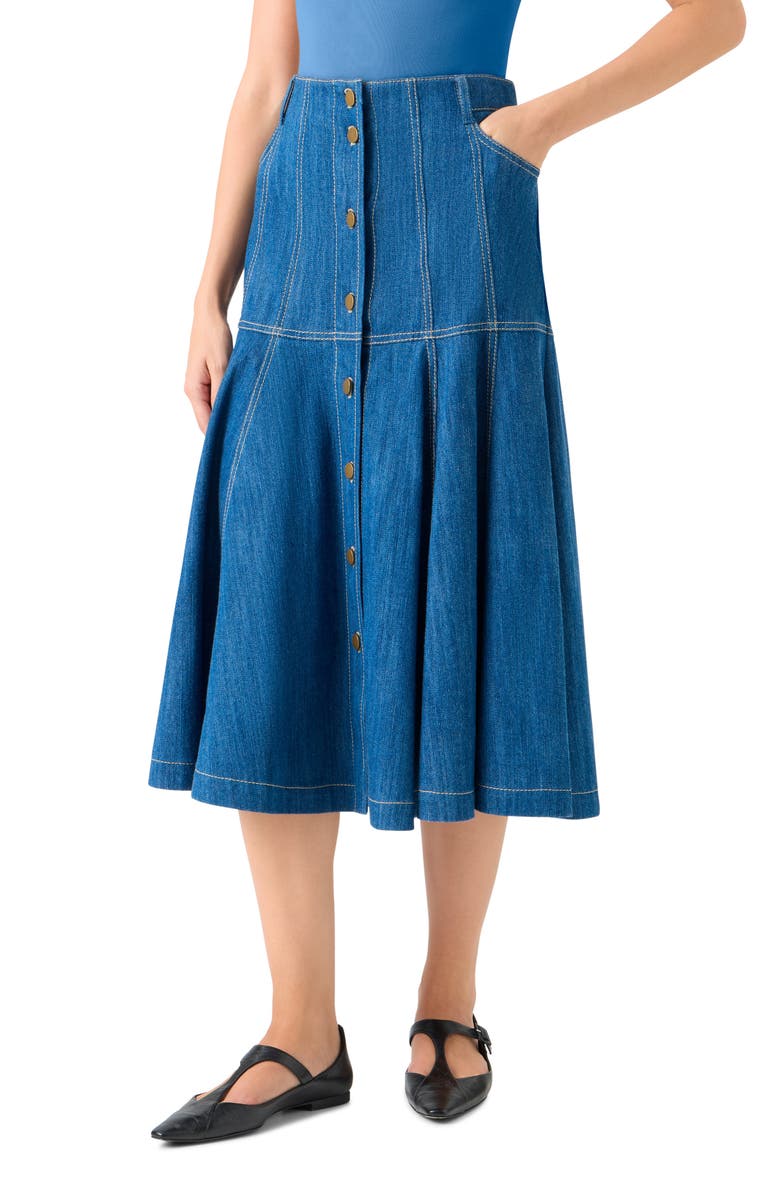 Akris punto Stretch Denim Tiered Skirt, Alternate, color, Medium Blue Denim