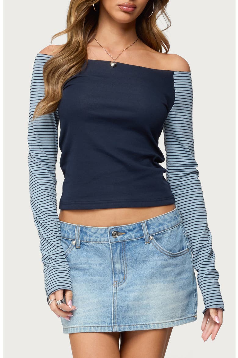 Rion Contrast Stripe Off the Shoulder Top, Main, color, NAVY