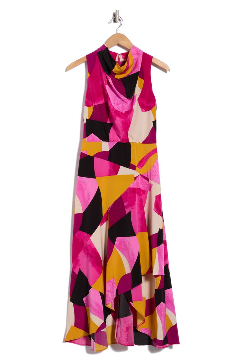 Geo Print Sleeveless Crepe Midi Dress, Main, color, FRENCH/ FUCHSIA COMBO