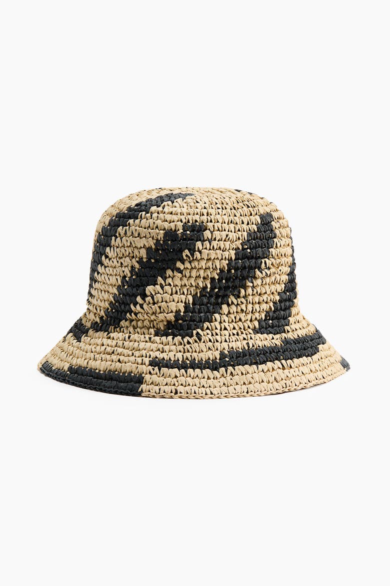 Handmade Straw Bucket Hat, Alternate, color, Light beige/black